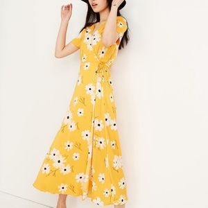 Puff-sleeve wrap midi dress in ikat floral